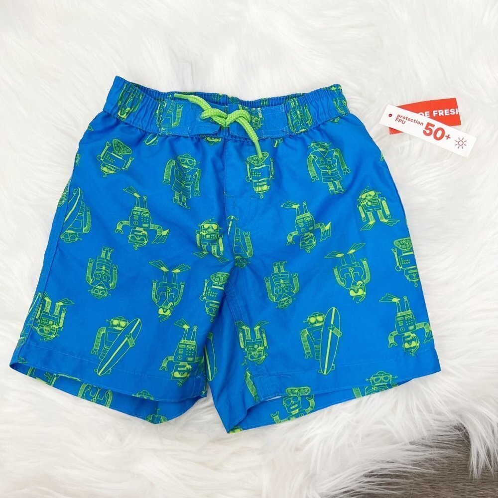 Joe Fresh Toddler 2 Blue Green Robot Surfer Swim Trunks Board Shorts UPF 50+
